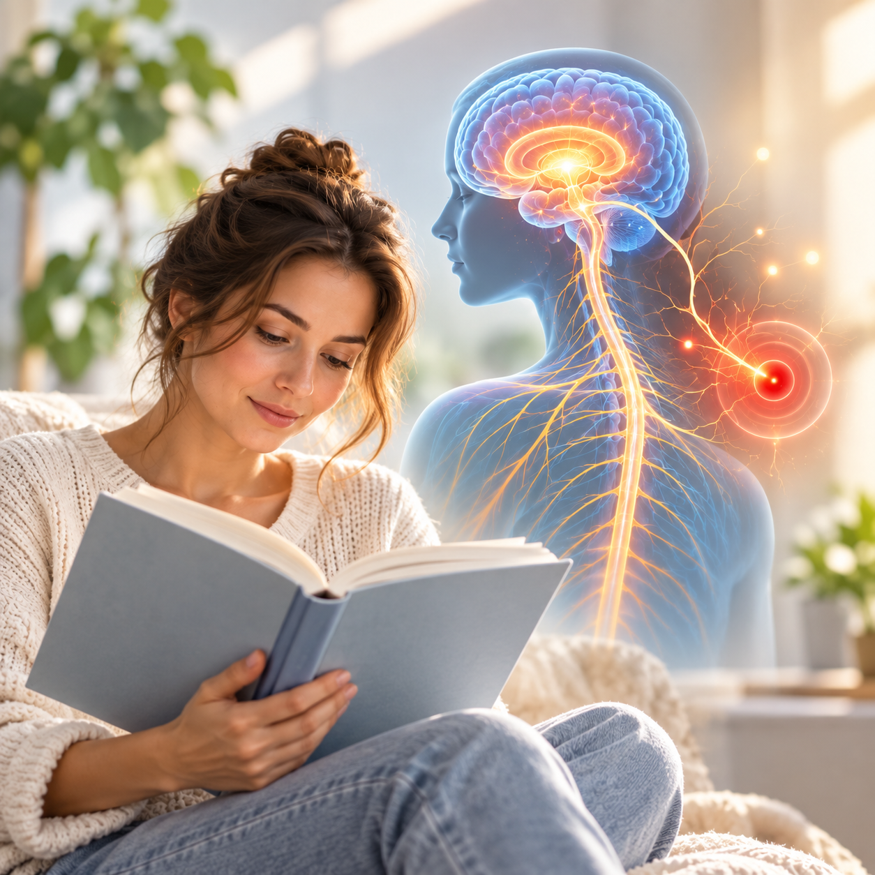 Porozumenie mechanizmu bolesti Žena študuje mechanizmus neuroplastickej bolesti a prepojenie mozgu, nervového systému a bolesti.